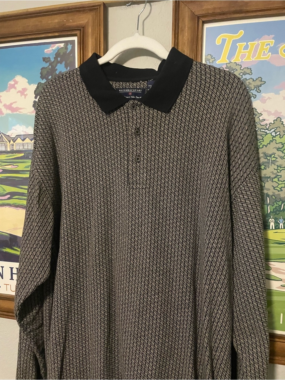 Hathaway Sport Long Sleeve Polo Shirt XL Geometric Pattern Mercerized Cotton